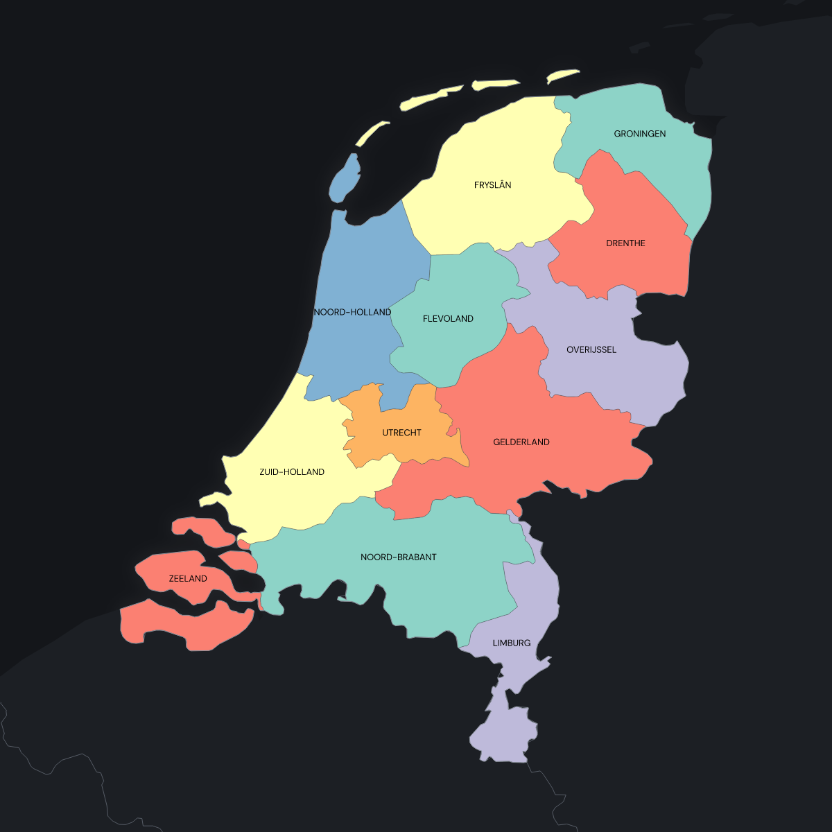Dark themed map of the Netherlands with Provinces