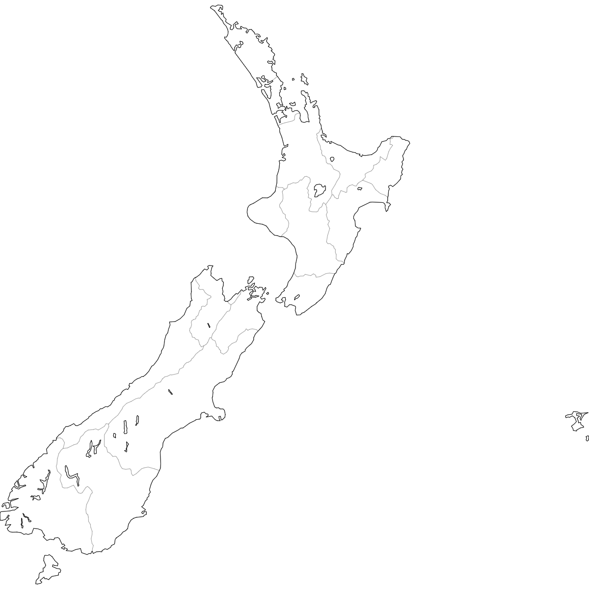 Blank outline map of New Zealand showing region borders