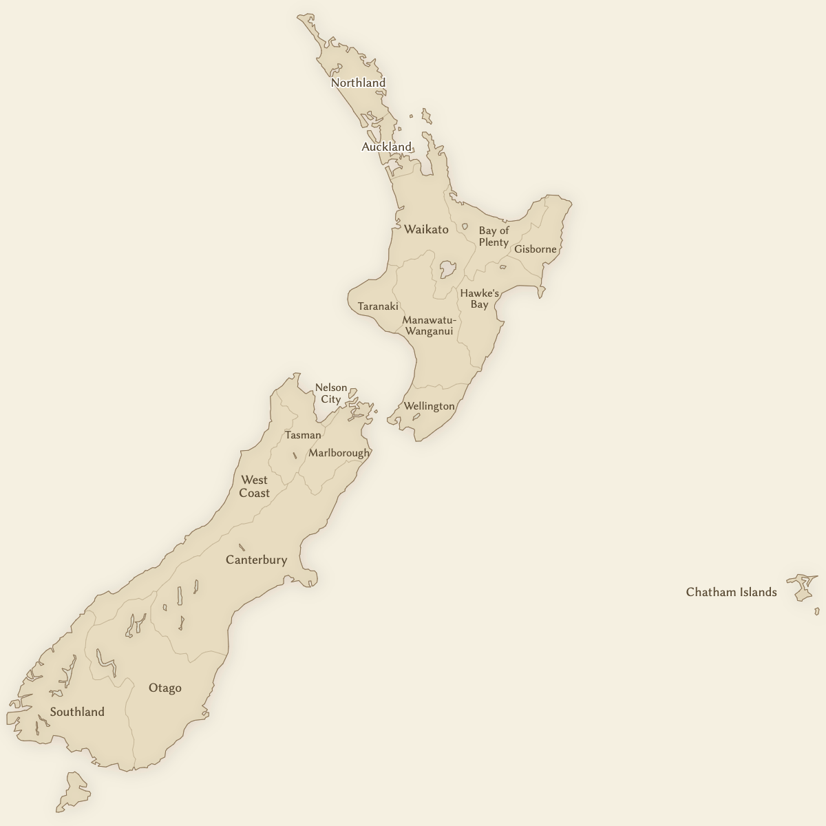 Styled Map of New Zealand Regions (Vintage Theme)