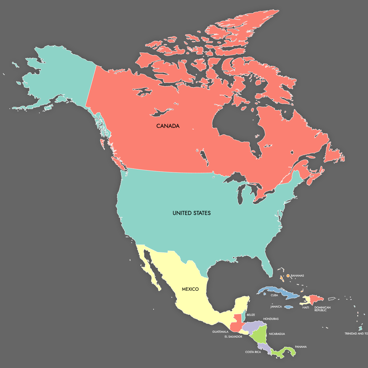Custom Map of North America with Labels (Dark Theme)