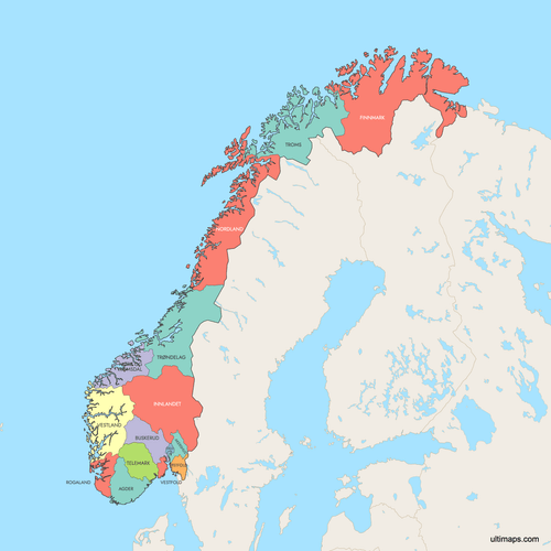 Preview of Colored Map of Norway Counties with Surrounding Areas