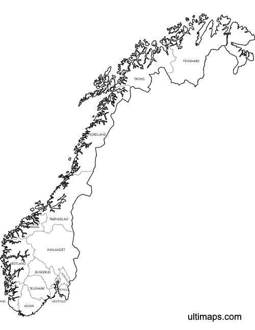 Preview of Labeled Map of Norway Counties (Letter)