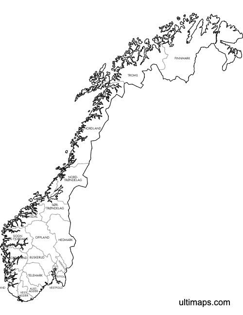 Preview of Labeled Map of Norway Counties (Letter)