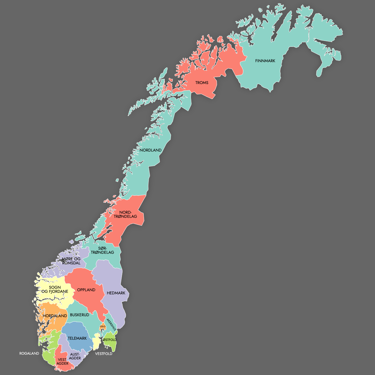 Custom Map of Norway Counties with Labels (Dark Theme)