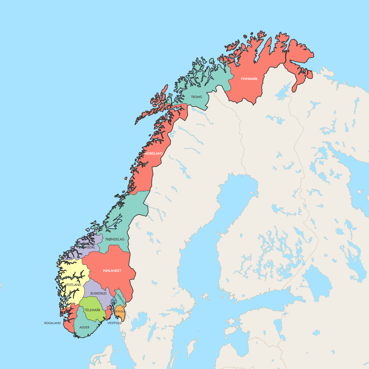Custom Map of Norway Counties with Surrounding Areas