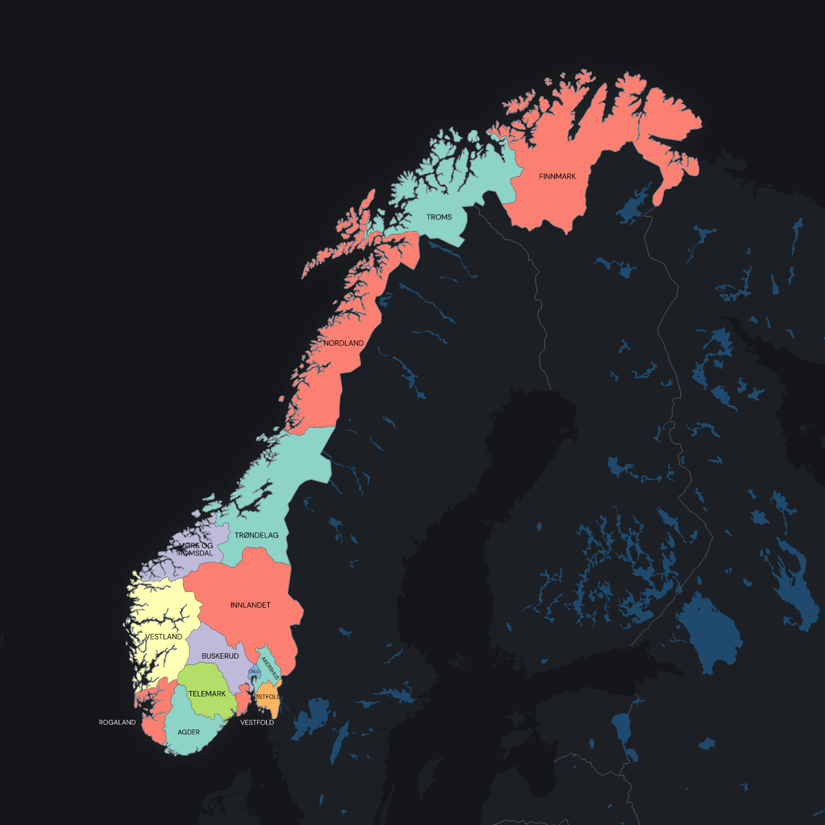 Dark themed map of Norway with Counties