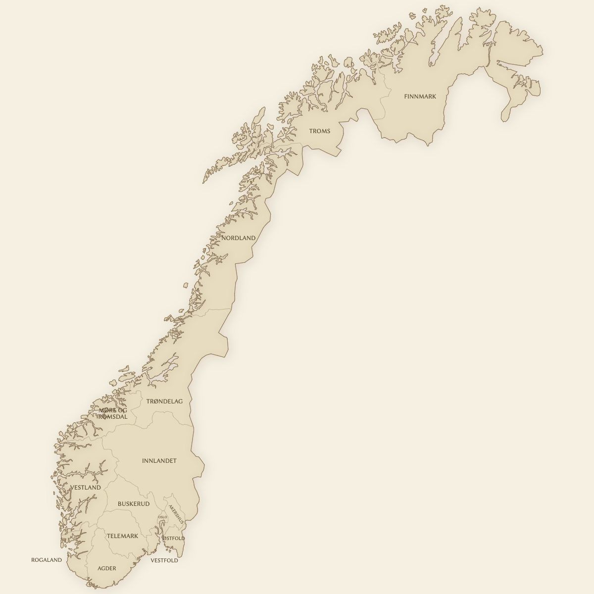 Styled Map of Norway Counties (Vintage Theme)