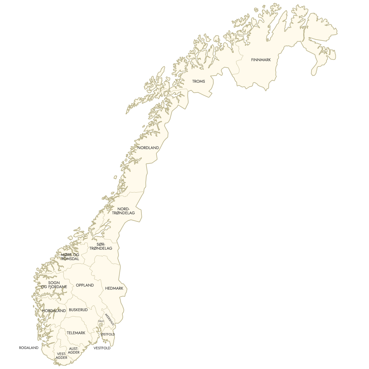 Unstyled Map of Norway Counties With Labels