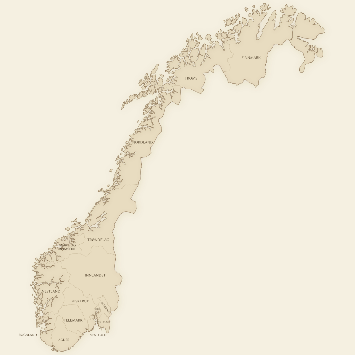 Vintage styled map of Norway with Counties