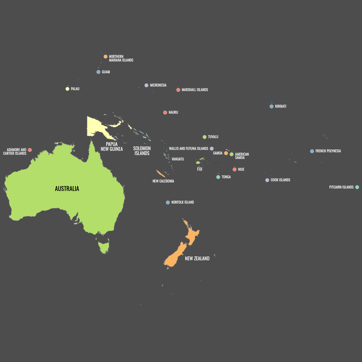 Colored Map of Oceania with Labels (Dark Theme)