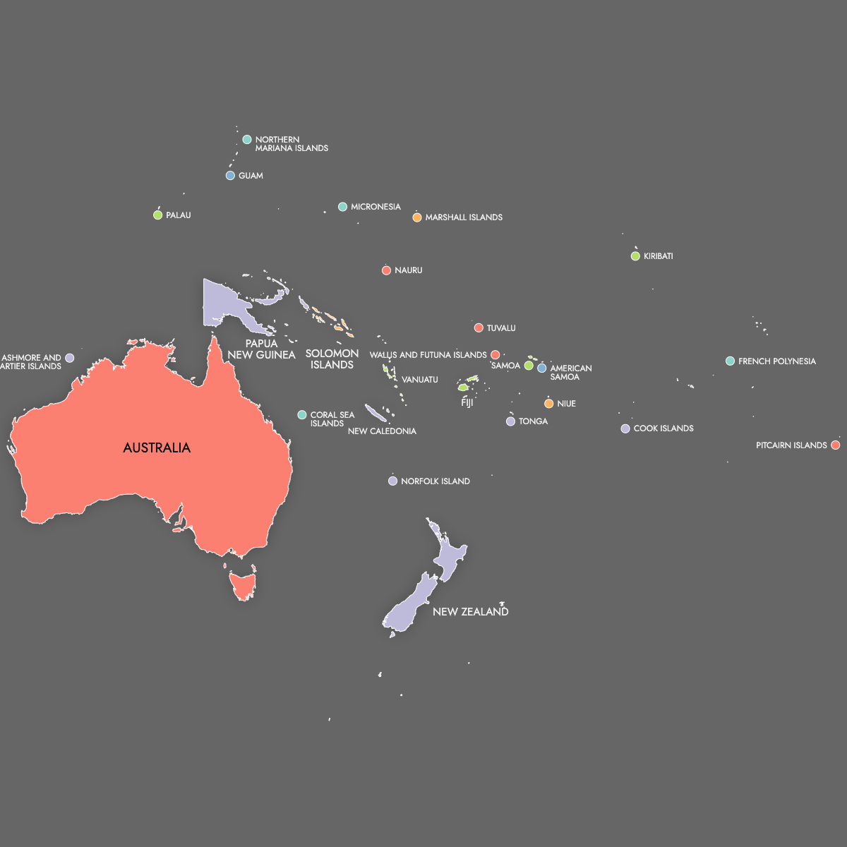 Custom Map of Oceania with Labels (Dark Theme)