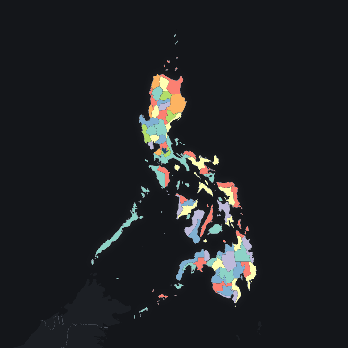 Dark themed map of the Philippines with Provinces
