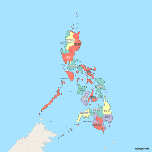 Preview of Colored Map of Philippines Regions with Surrounding Areas
