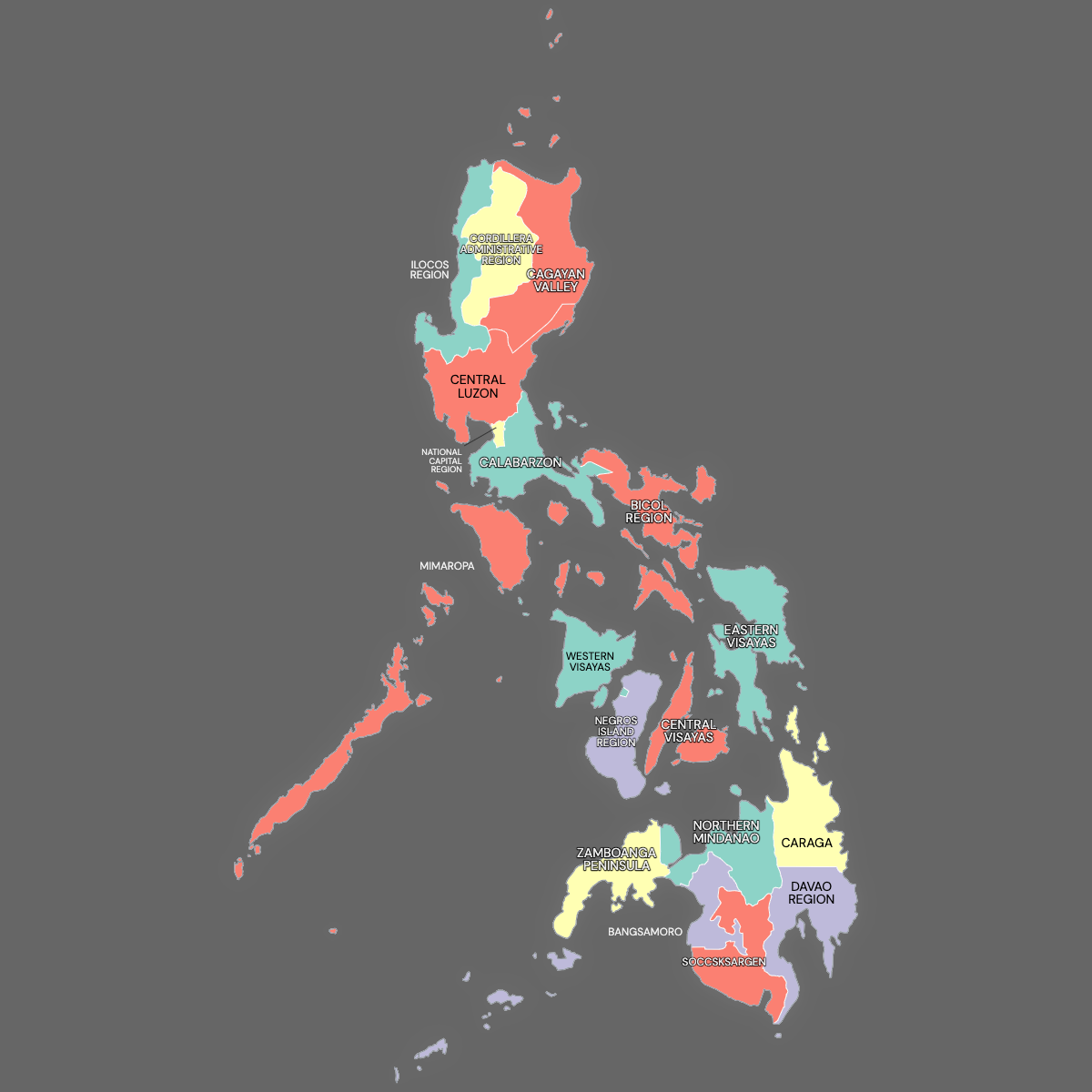 Dark themed map of the Philippines with Regions