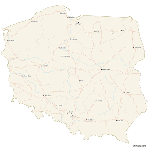 Map of Poland with Cities and Roads