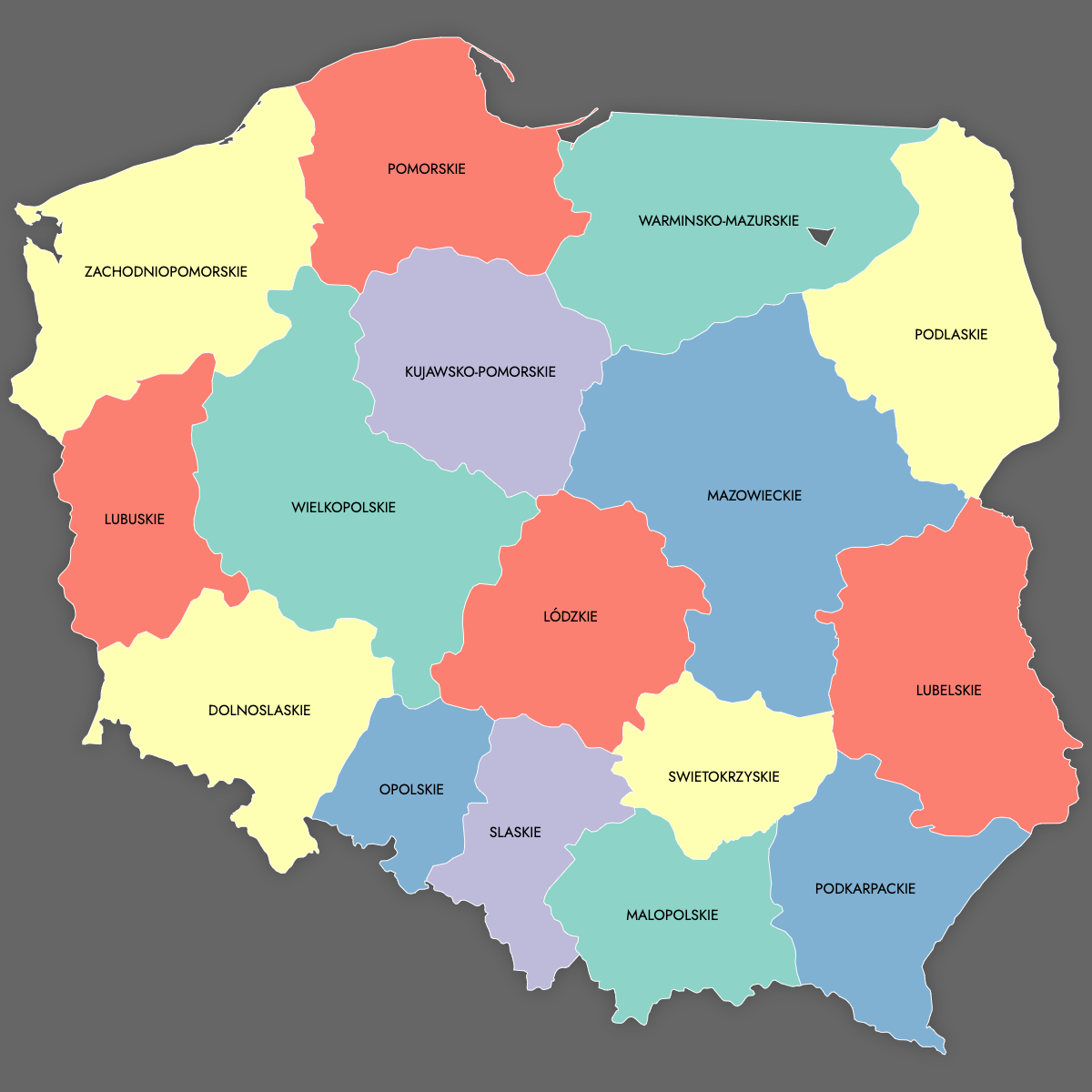 Custom Map of Poland Provinces with Labels (Dark Theme)