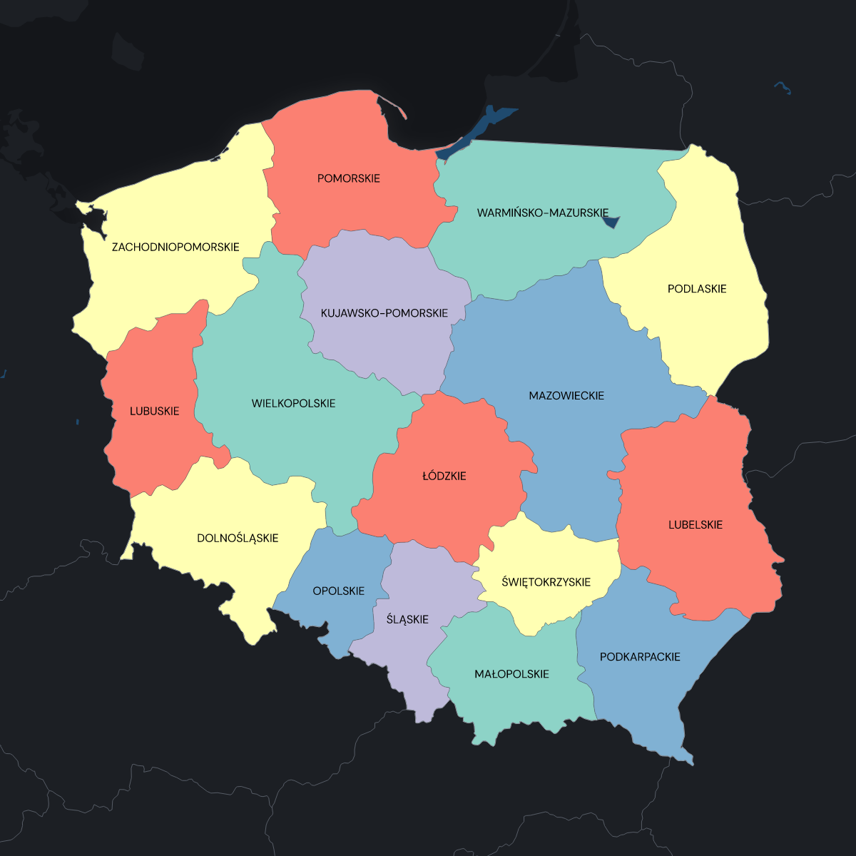 Dark themed map of Poland with Voevodeships