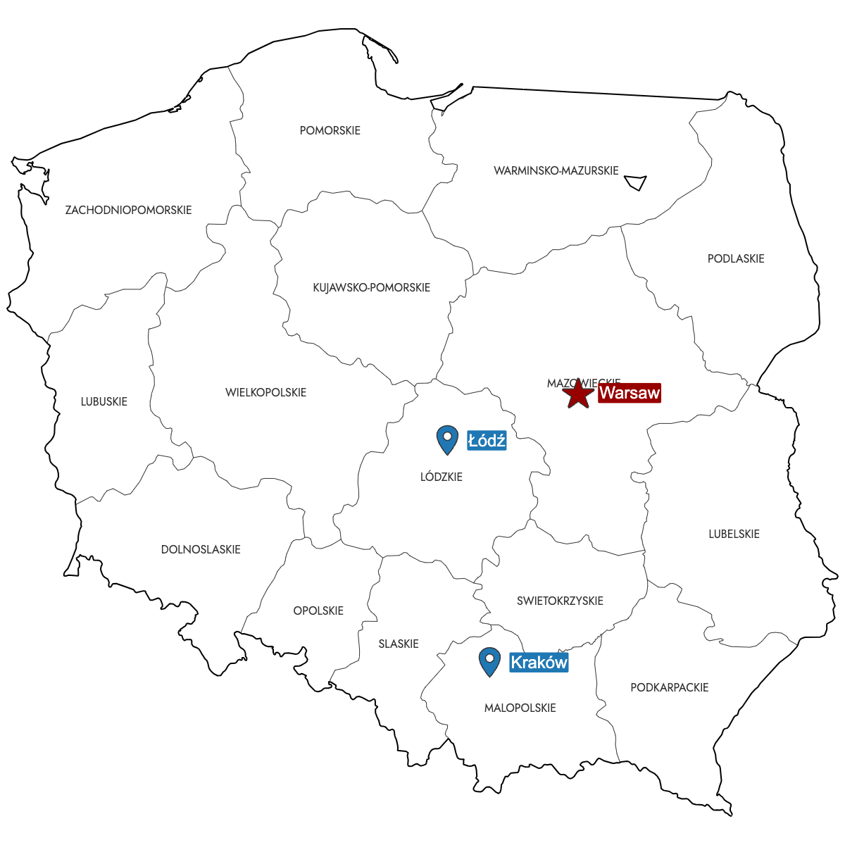 Map of Poland Provinces with Pins