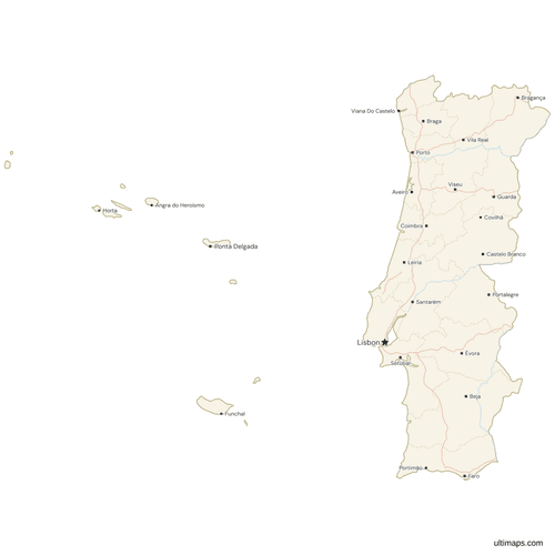 Map of Portugal with Cities and Roads
