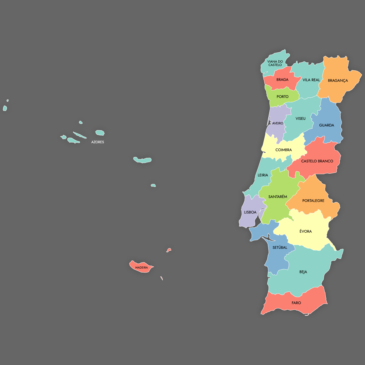 Custom Map of Portugal Districts with Labels (Dark Theme)