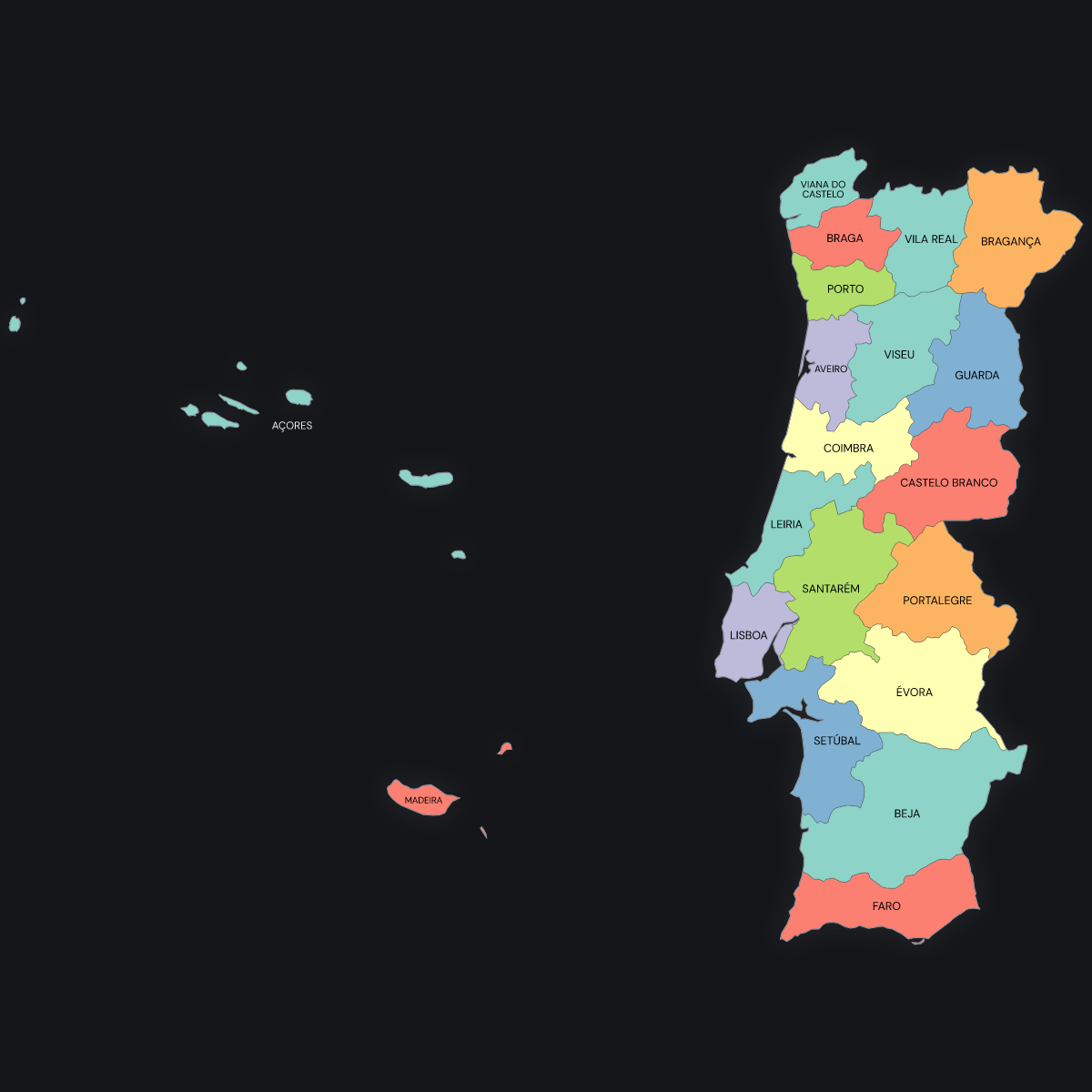 Dark themed map of Portugal with Districts