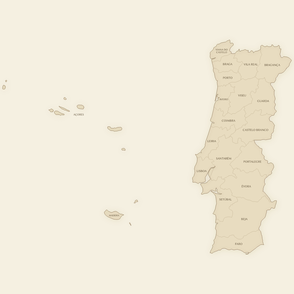 Vintage styled map of Portugal with Districts