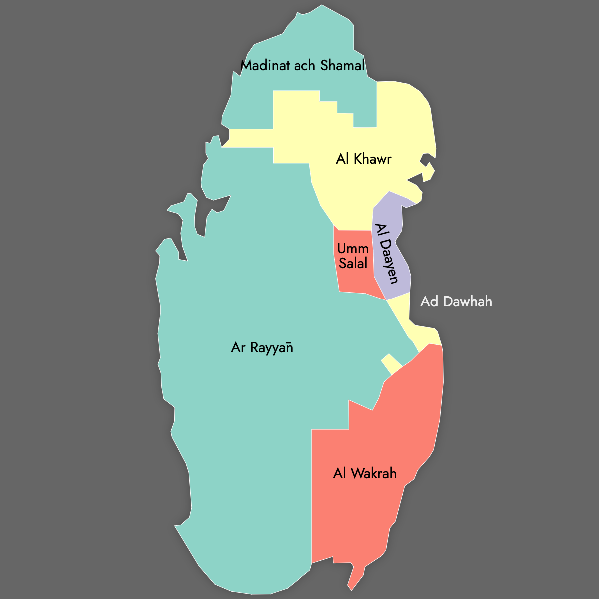Custom Map of Qatar Municipalities with Labels (Dark Theme)