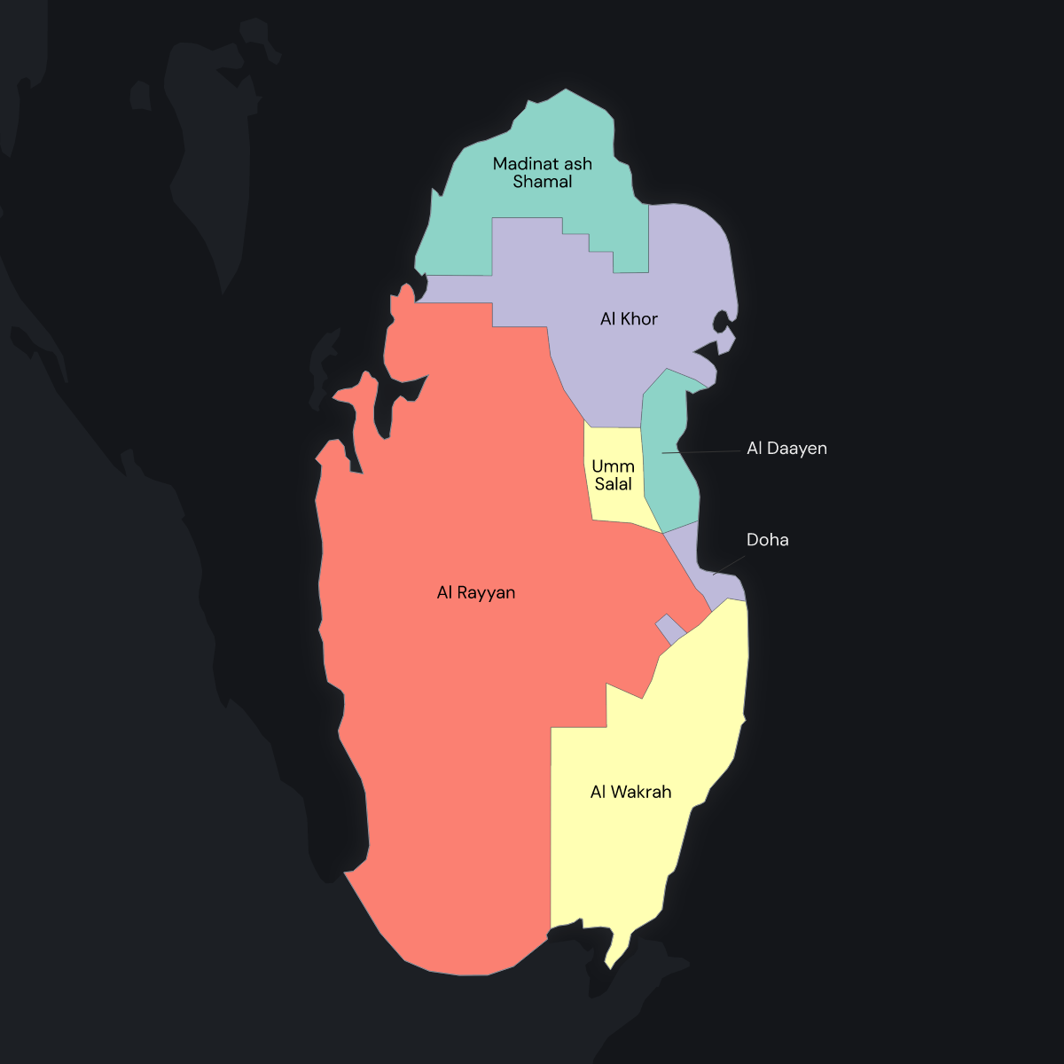 Dark themed map of Qatar with Municipalities