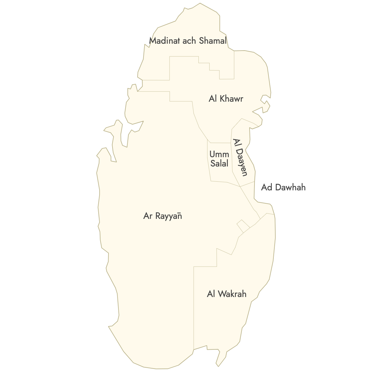 Unstyled Map of Qatar Municipalities With Labels