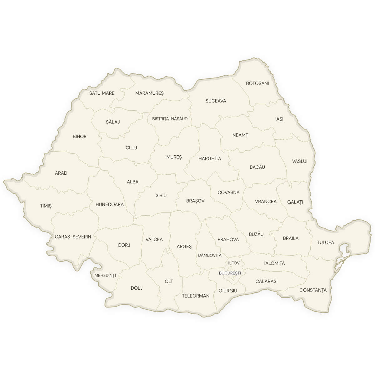 Blank map of Romania with labeled Counties
