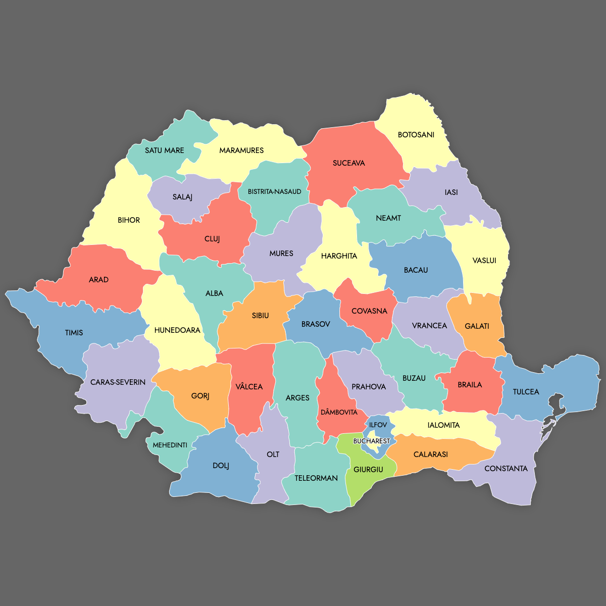 Custom Map of Romania Counties with Labels (Dark Theme)