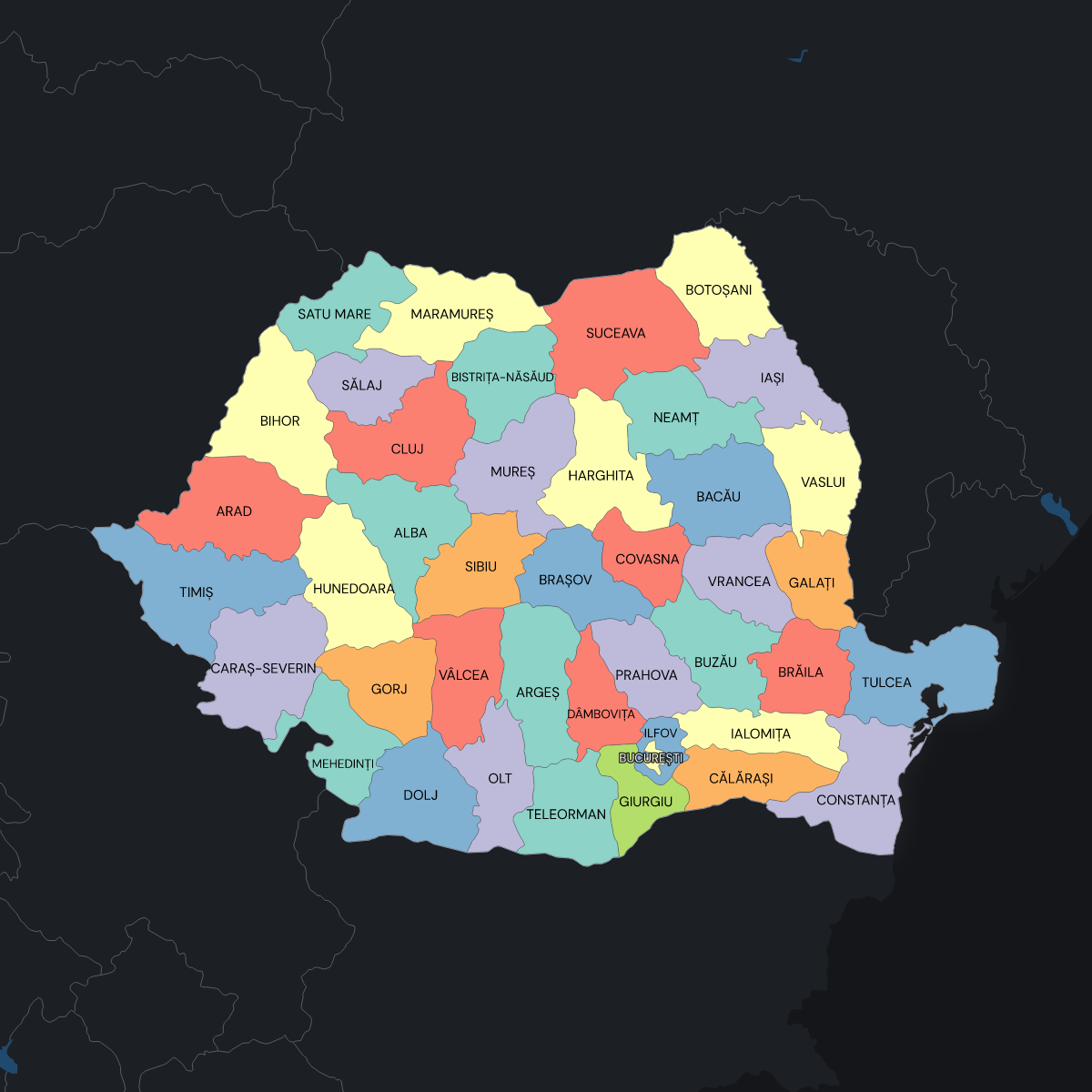 Dark themed map of Romania with Counties