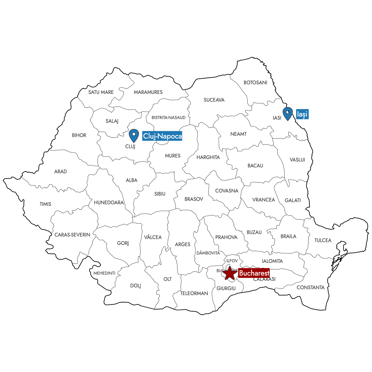 Map of Romania Counties with Pins