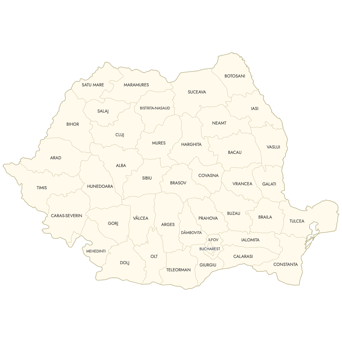 Unstyled Map of Romania Counties With Labels