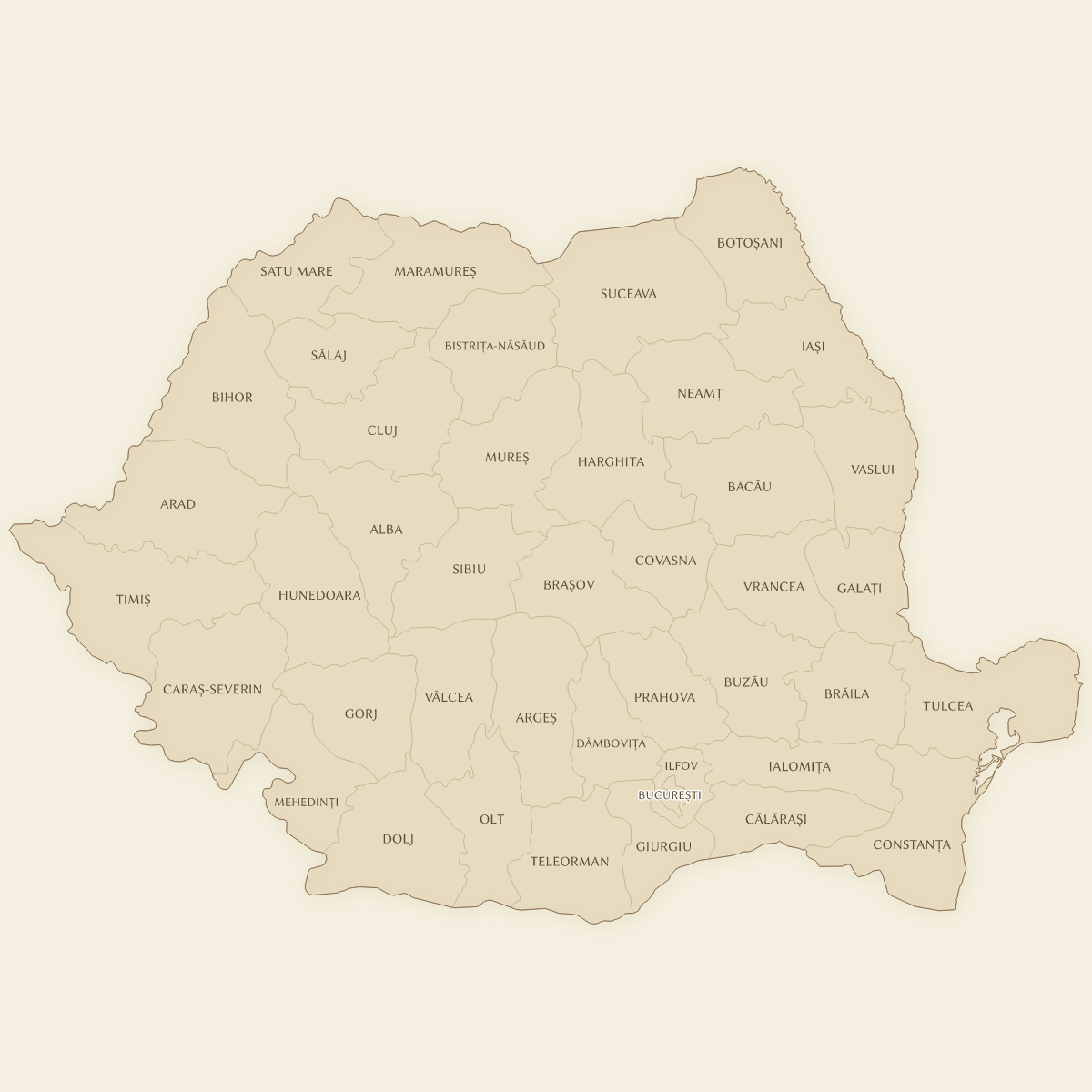 Vintage styled map of Romania with Counties