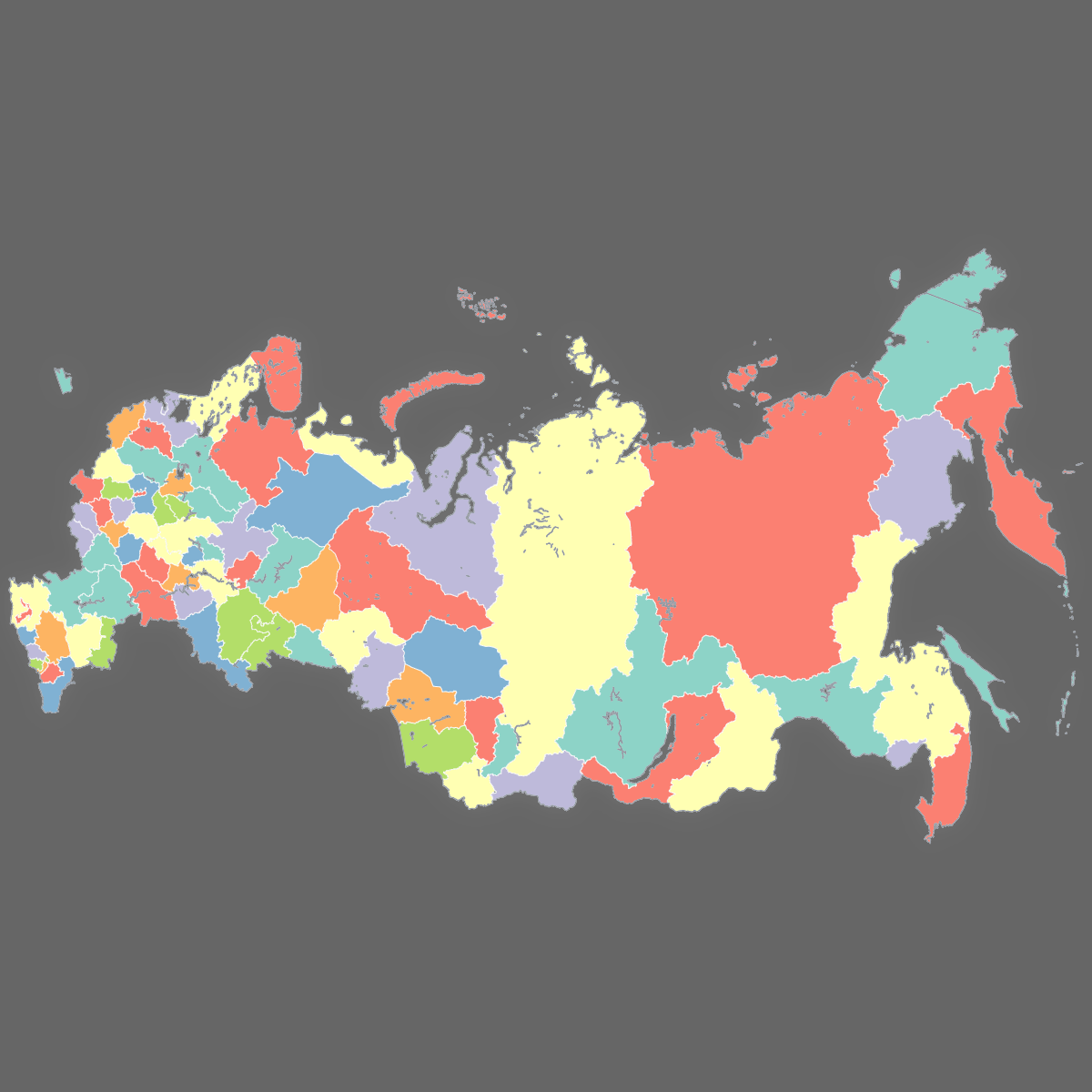 Dark themed map of Russia with Federal Subjects