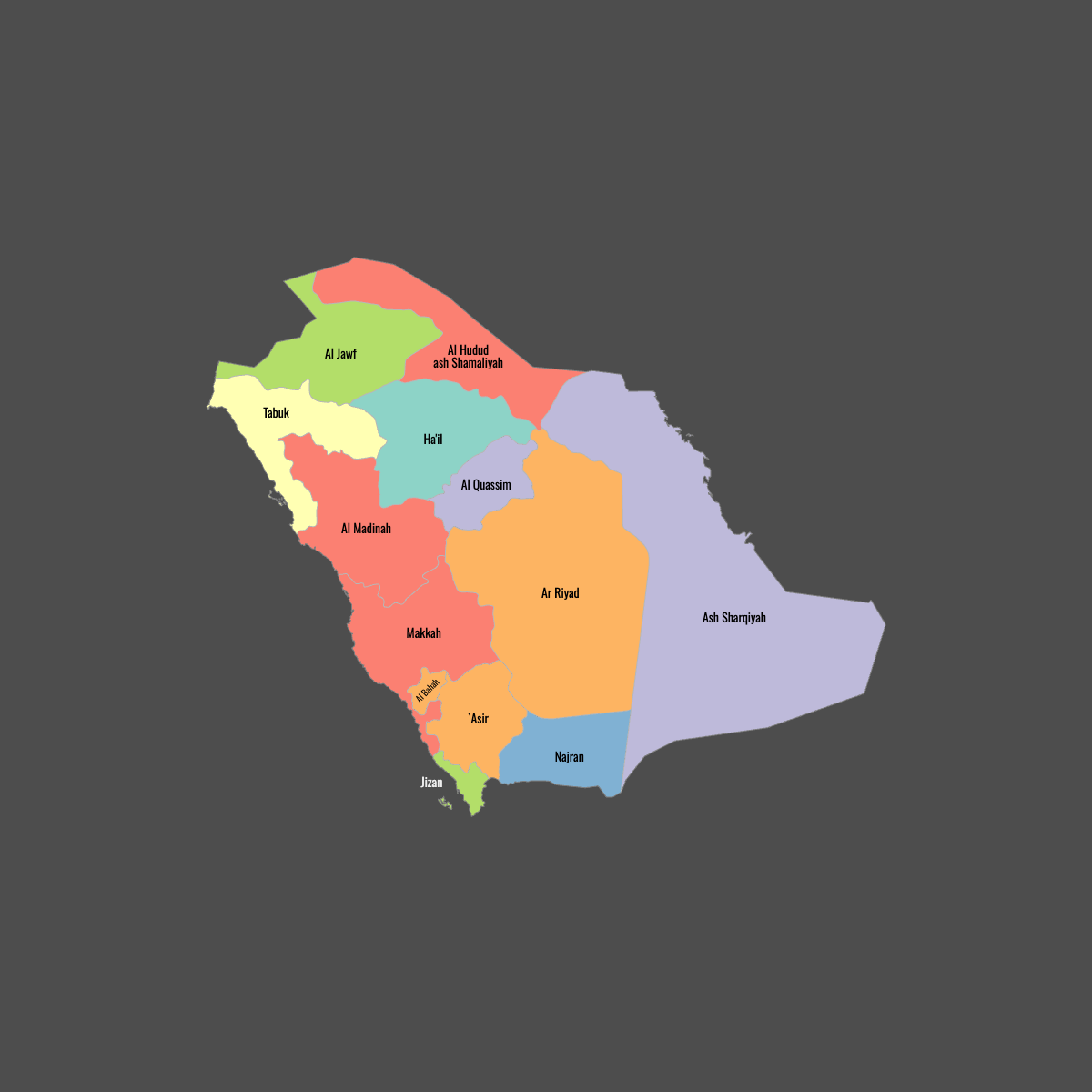 Colored Map of Saudi Arabia Provinces with Labels (Dark Theme)