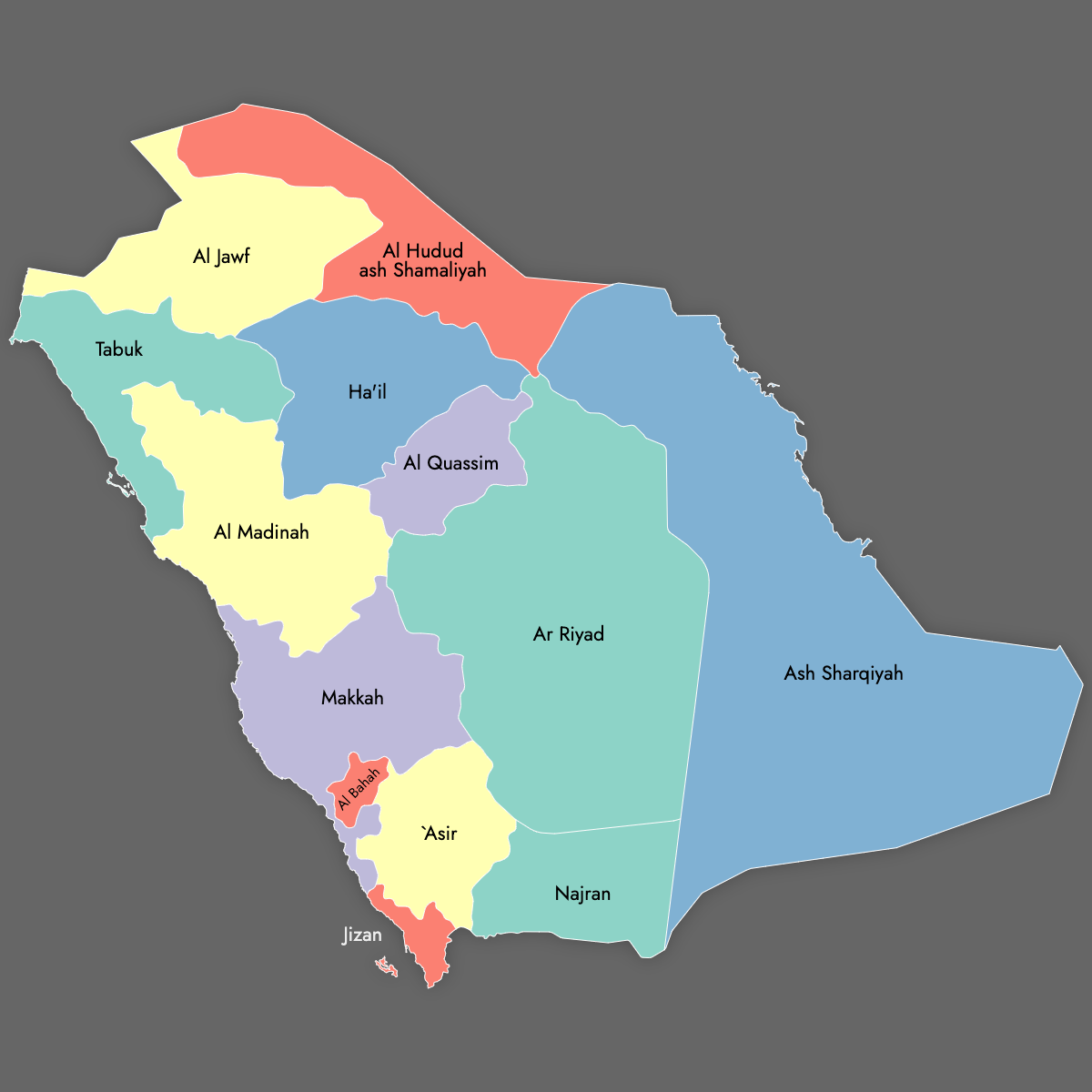Custom Map of Saudi Arabia Provinces with Labels (Dark Theme)