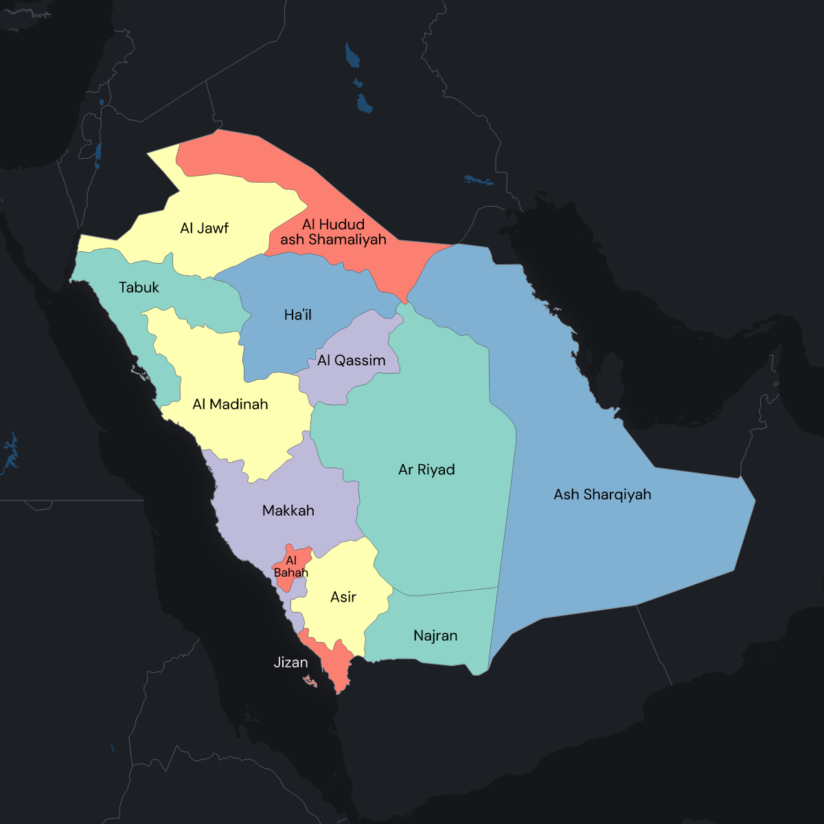 Dark themed map of Saudi Arabia with Provinces