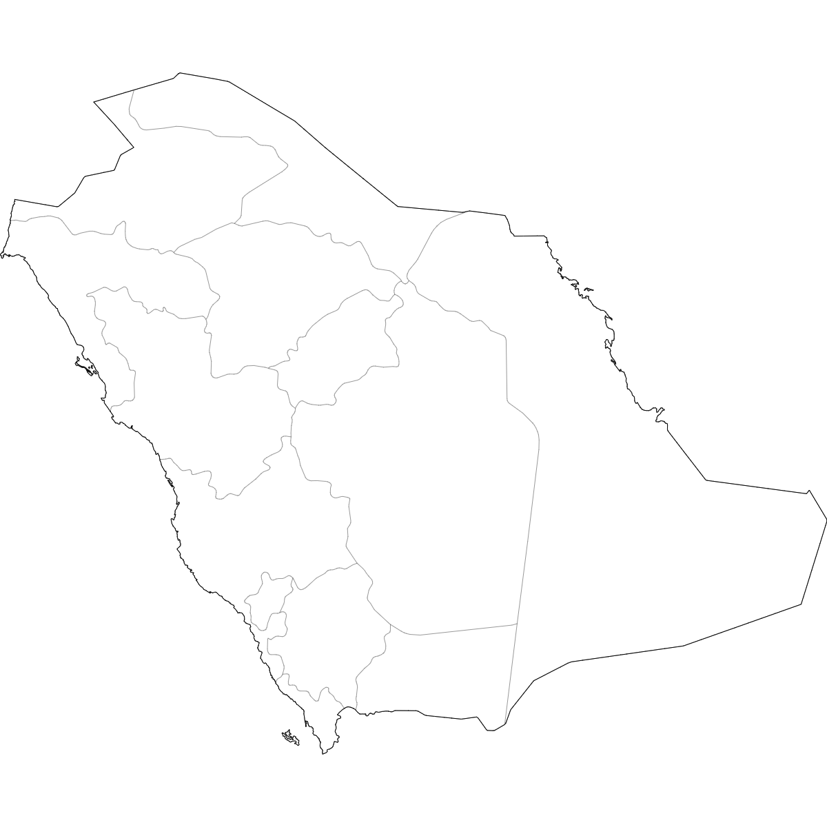 Blank outline map of Saudi Arabia showing province borders