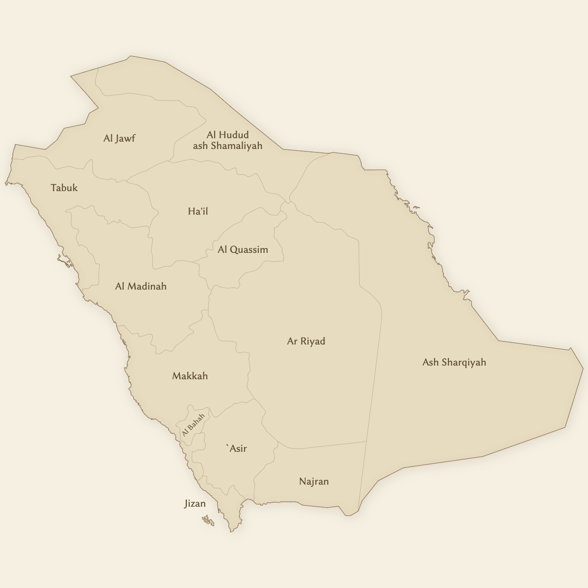 Styled Map of Saudi Arabia Provinces (Vintage Theme)