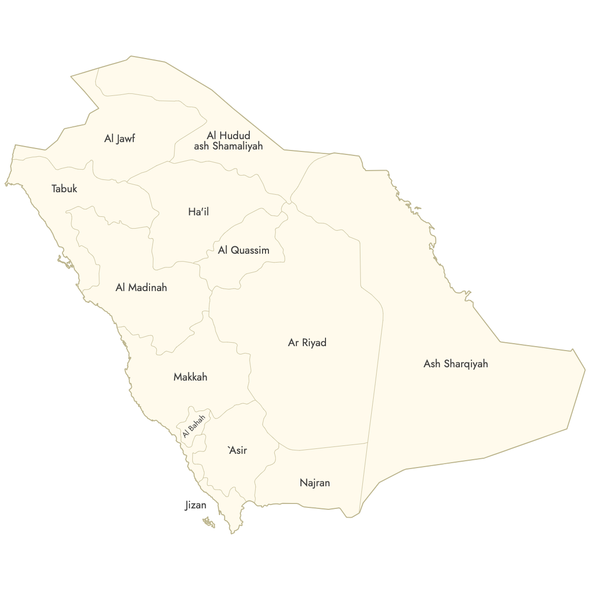 Unstyled Map of Saudi Arabia Provinces With Labels
