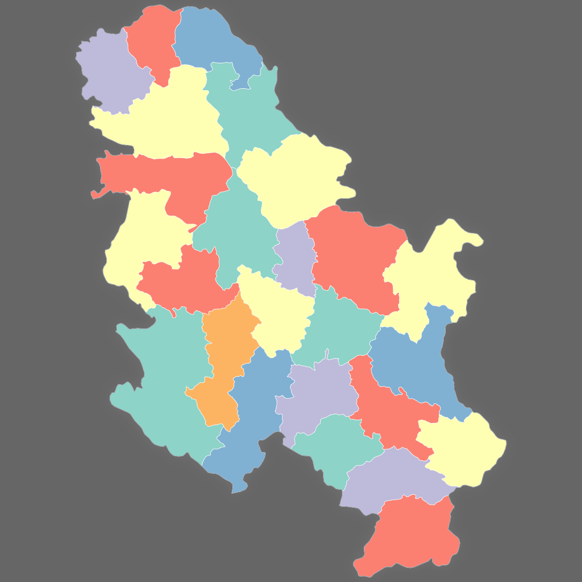 Dark themed map of Serbia with Districts