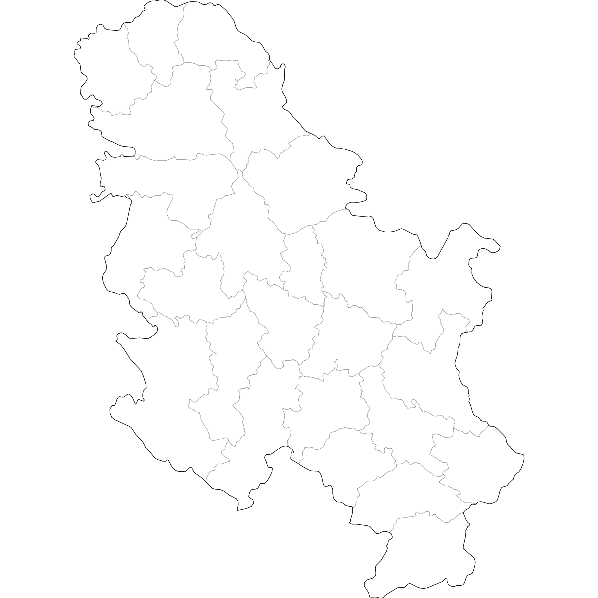 Blank outline map of Serbia showing district borders