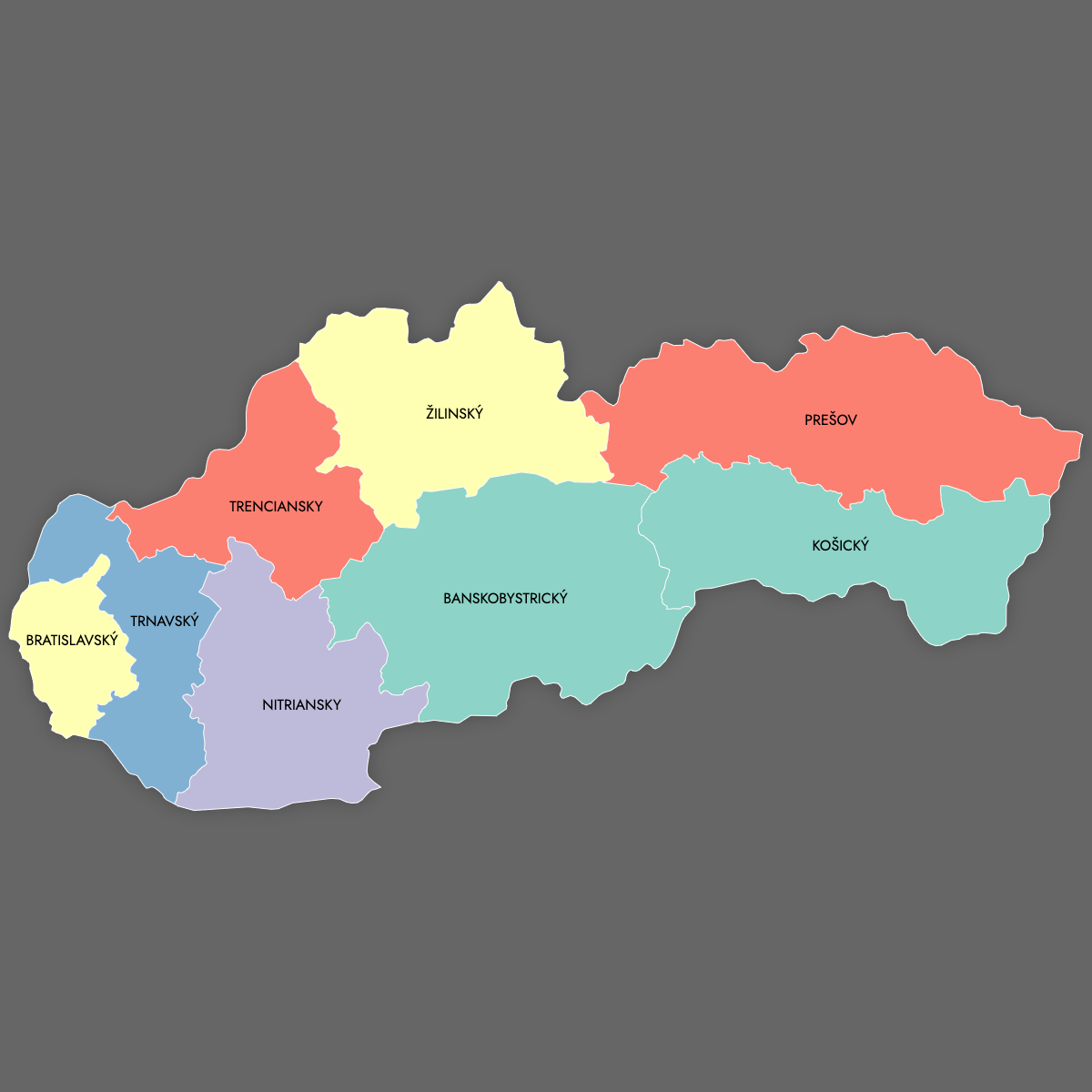 Custom Map of Slovak Regions with Labels (Dark Theme)