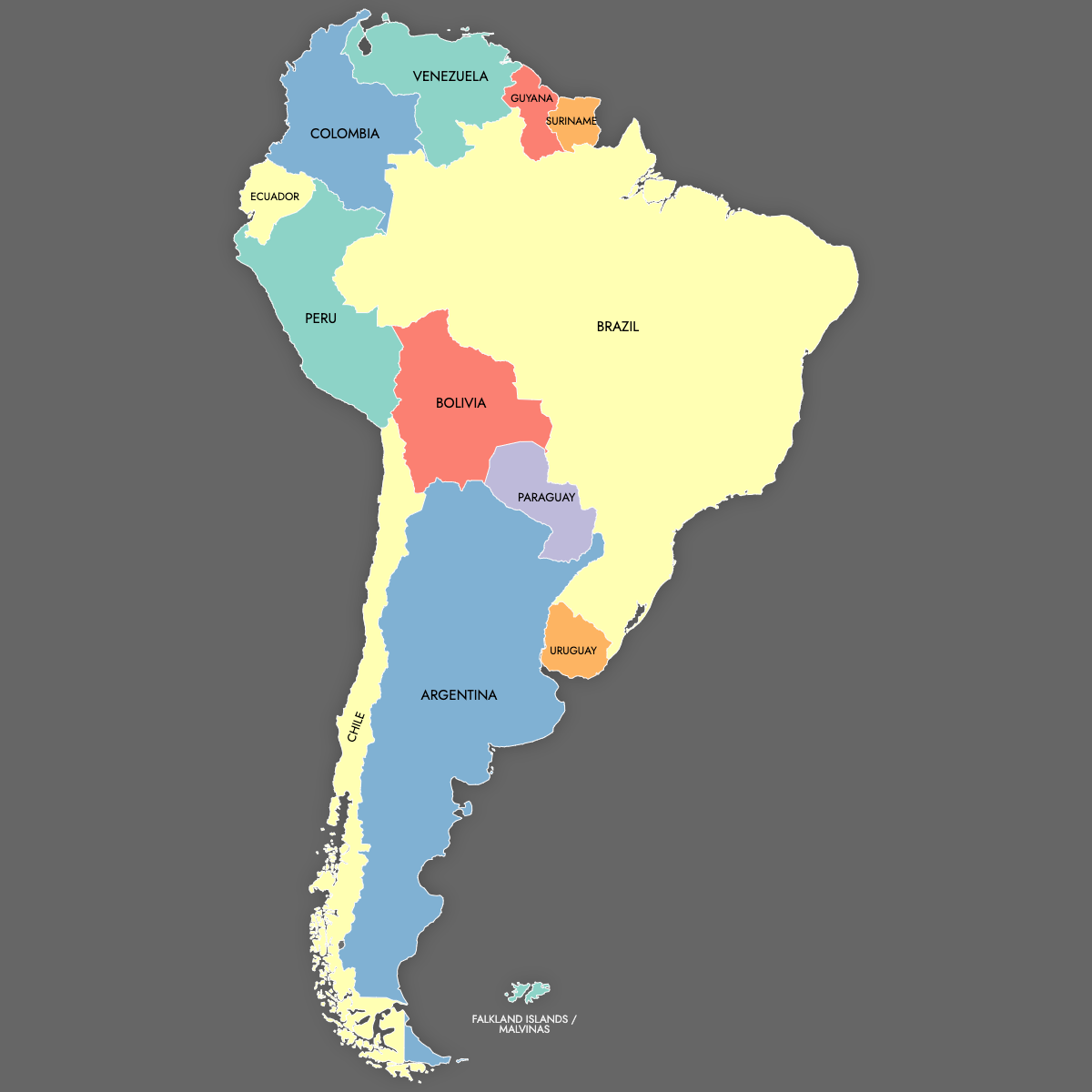 Custom Map of South America with Labels (Dark Theme)