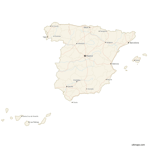 Map of Spain with Cities and Roads
