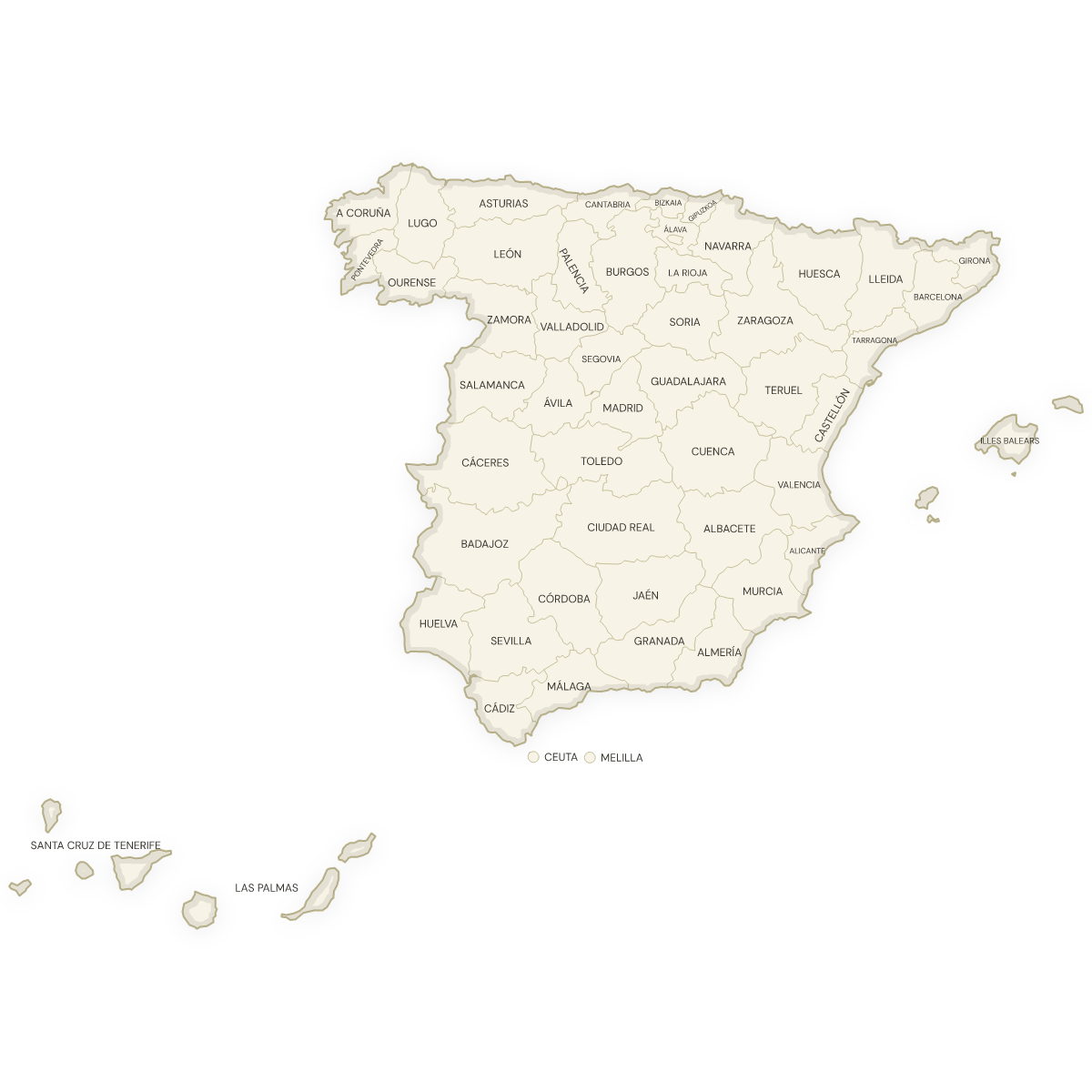 Blank map of Spain with labeled Provinces