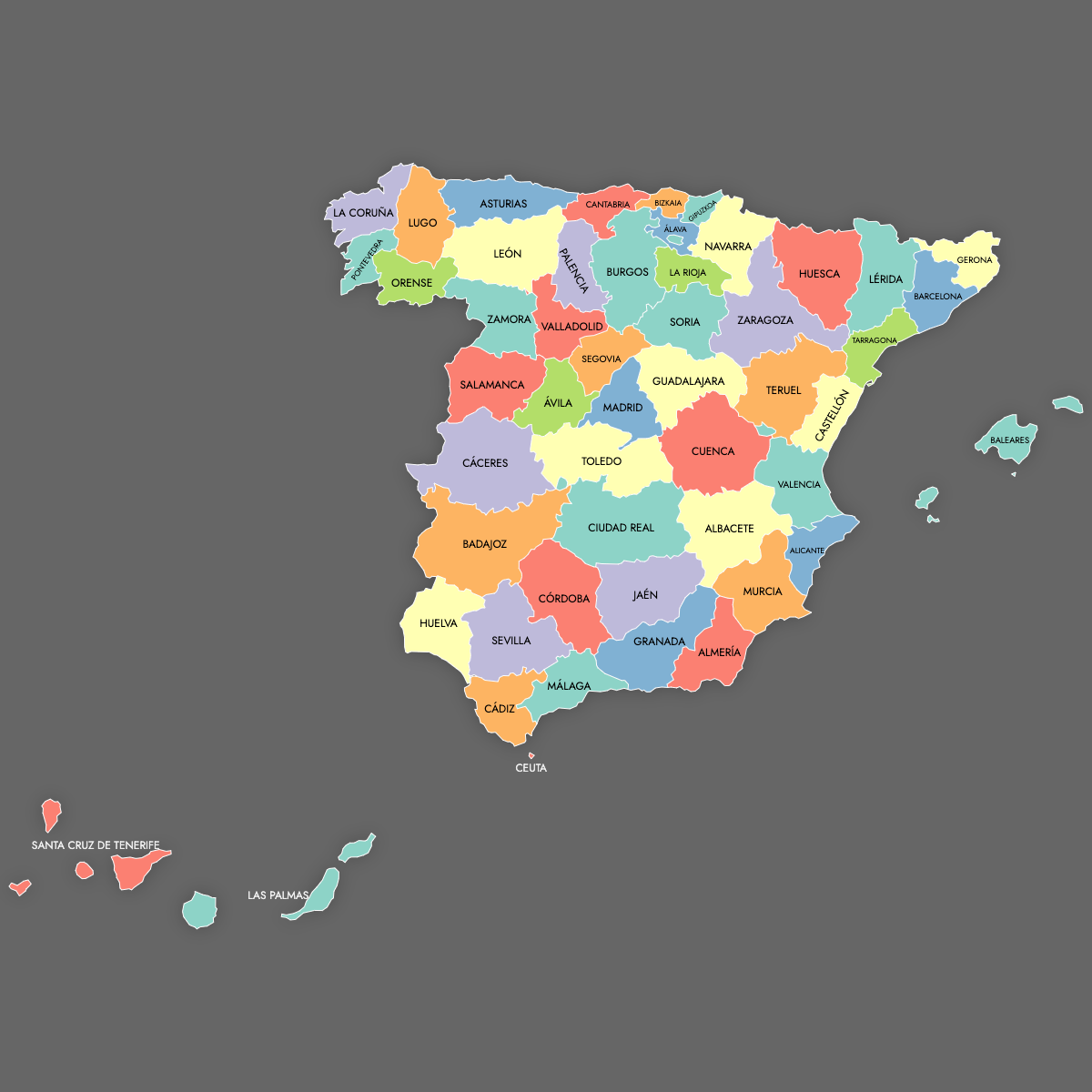 Custom Map of Spain Provinces with Labels (Dark Theme)
