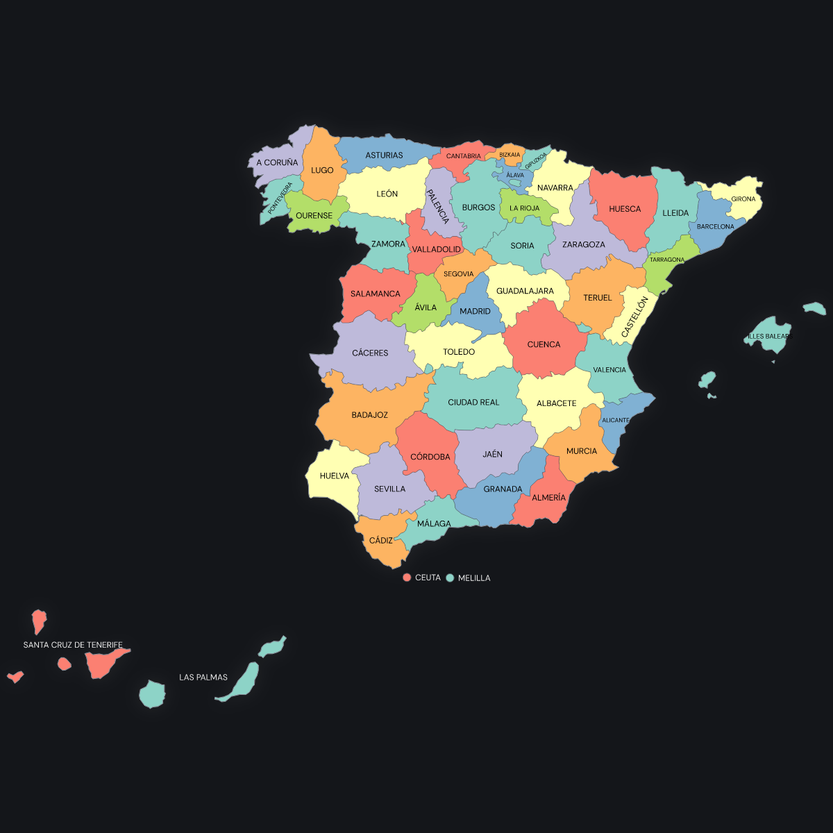 Dark themed map of Spain with Provinces